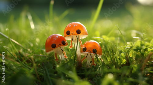 Cheerful mushrooms with funny faces sit in the juicy green grass, radiating joy from the beginning of a new day.