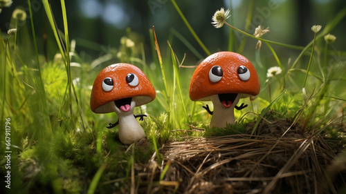 Wallpaper Mural Cheerful mushrooms with funny faces sit in the juicy green grass, radiating joy from the beginning of a new day. Torontodigital.ca