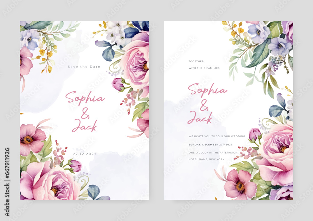 Pink peony luxury wedding invitation with golden line art flower and botanical leaves, shapes, watercolor