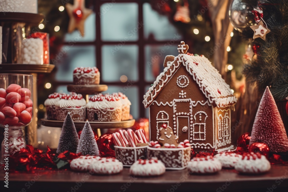 Christmas gingerbread houses on wooden table with bokeh background.. Pastries in the form of houses. Festive scene with holiday pastries. Christmas and New Year background.
Christmas gingerbread houses on wooden table with bokeh background.. Pastries in the form of houses. Festive scene with holiday pastries. Christmas and New Year background.