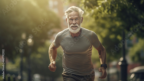 Senior male athlete on morning jog in park. Generative AI