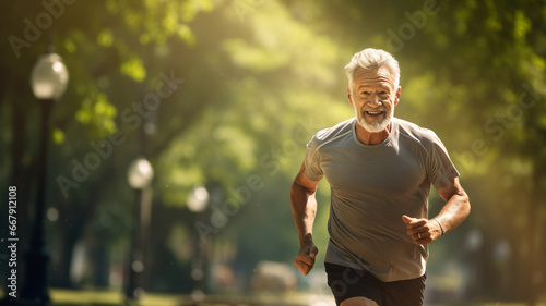 Senior male athlete on morning jog in park. Generative AI