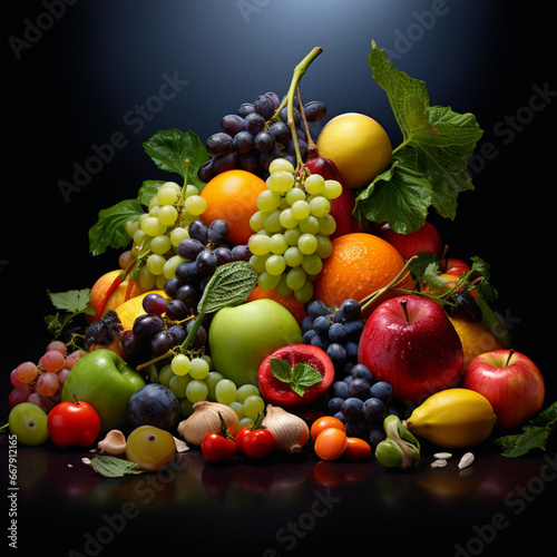 fondo con detalle y textura de multitud de frutas diferentes sobre fondo de tonos grises