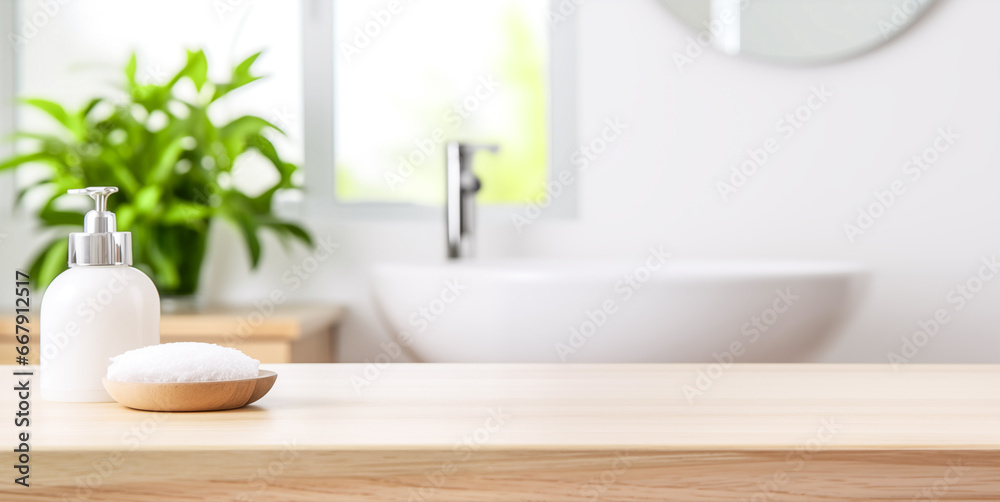 Fototapeta premium Empty tabletop for product display with blurred bathroom interior background. Soap dispenser and Spa towel on pastel bathroom window interior with plant