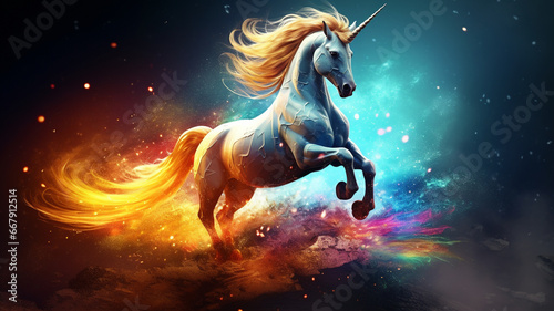 Magic unicorn on rainbow background. Generative AI 