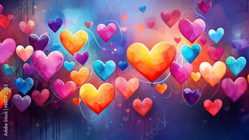 Bright colorful hearts, background with the image of hearts. Generative AI 