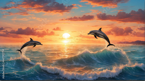 Um pôr do sol sobre um oceano com golfinhos saltando photo