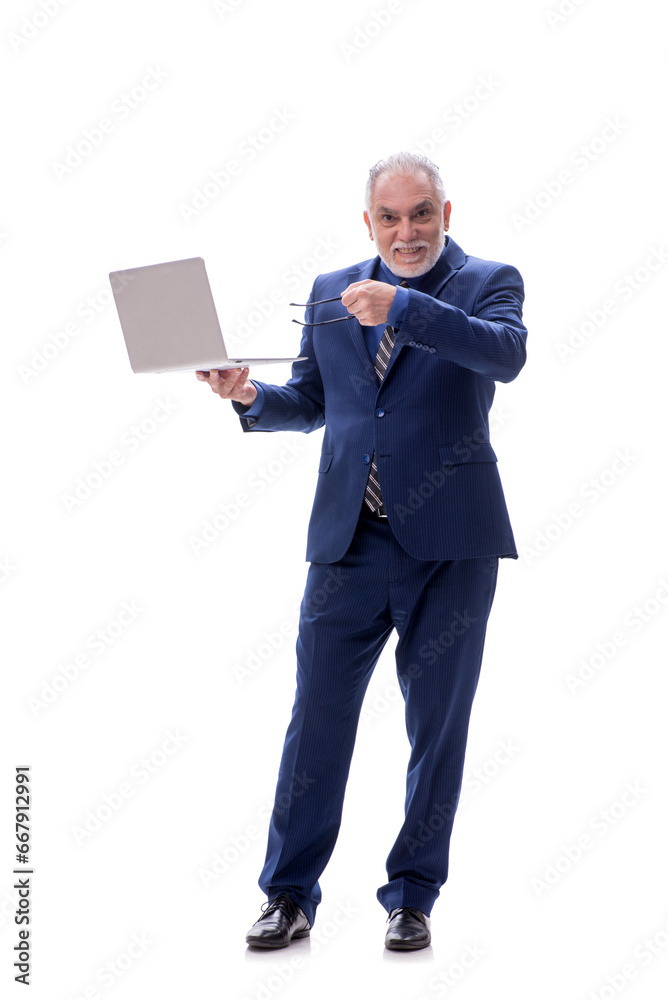 Old businessman holding laptop isolated on white Old businessman holding laptop isolated on white
