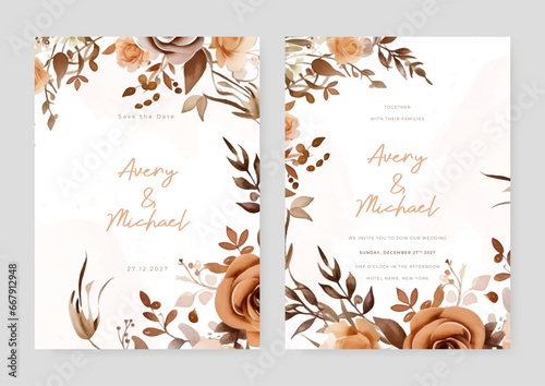 Brown poppy vector wedding invitation card set template with flowers and leaves watercolor