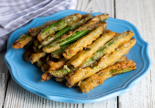 Turkish foods; Crispy baked green beans, fried beans (Turkish name; kizarmis yesil fasulye)