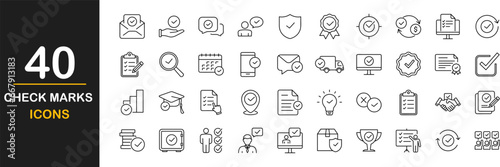 Check marks web icons set. Approved marks sign - simple thin line icons collection. Containing accepted document, quality check, approved, check list, warranty and more. Simple web icons set