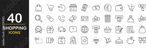 Shopping web icons set. Shop - simple thin line icons collection. Containing money, list products, bank card, bag, terminal, gifts and more. Simple web icons set