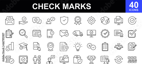 Check marks web icons set. Approved marks sign - simple thin line icons collection. Containing accepted document, quality check, approved, check list, warranty and more. Simple web icons set