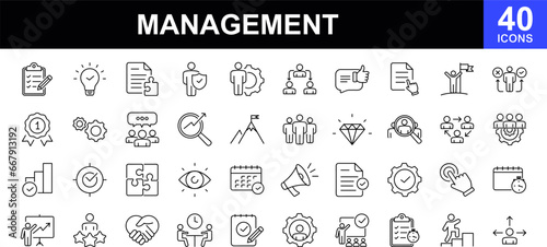 Management web icons set. Management - simple thin line icons collection. Containing vision, mission, values, human resource, money management, experience and more. Simple web icons set