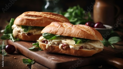 Food concept. Tasty sandwich with brie cheese on wooden table