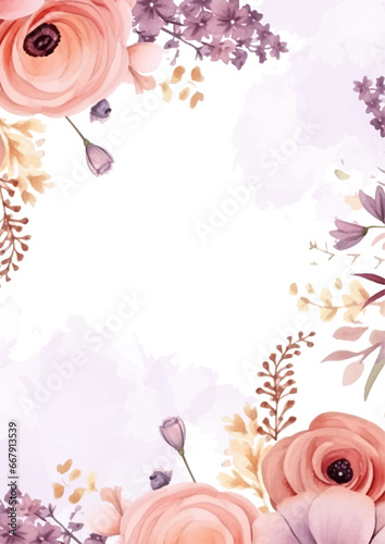 Pink and purple violet modern wreath background invitation frame with flora and flower