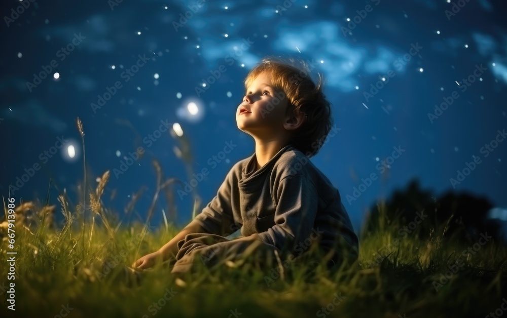 Naklejka premium A happy amazed kid is sitting on the grass and watching the sky full of stars