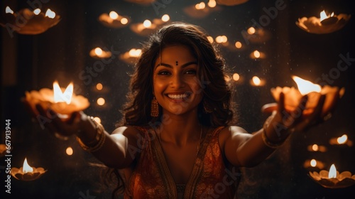 hindi woman giving happy expression and celebrating diwali festival