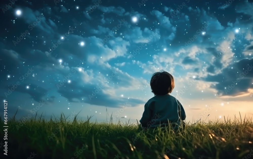 A happy amazed kid is sitting on the grass and watching the sky full of stars A happy amazed kid is sitting on the grass and watching the sky full of stars