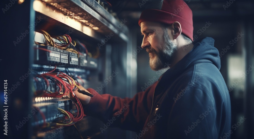 Experienced Electrician Tending to a Switchboard. Generative ai
