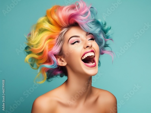 Exuberant Young Woman with Rainbow Hair Celebrating on Studio Backdrop. Generative ai