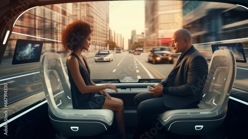 a Futuristic driverless minibus moving in a modern city with glass skyscrapers. Beautiful woman and senior man talking in driverless autonomous vehicle.