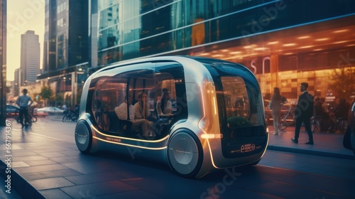 a Futuristic driverless minibus moving in a modern city with glass skyscrapers. Beautiful woman and senior man talking in driverless autonomous vehicle. photo