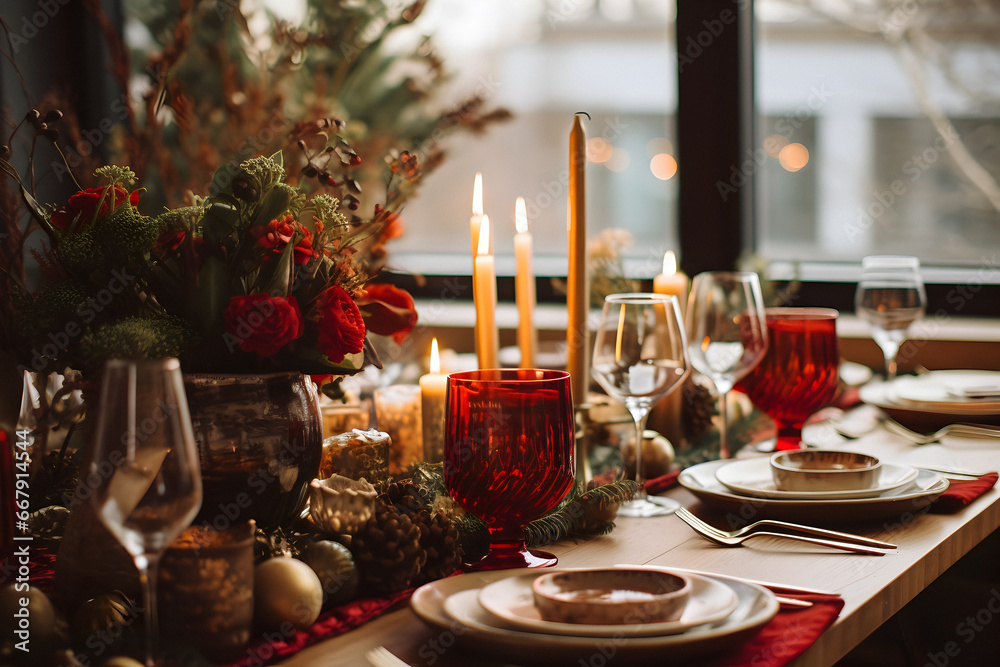 Christmas decorated table, winter table setting, red decorated details, prepared New Year's dinner, holiday mood