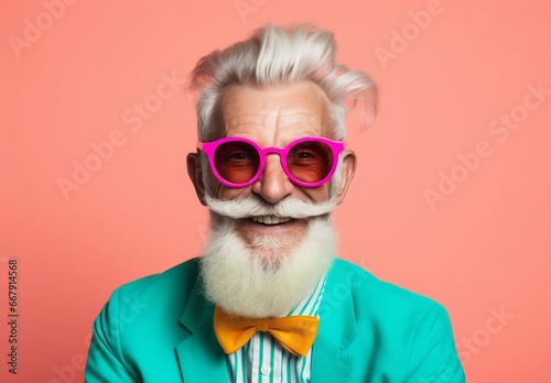 Fashion-forward Senior with Vivid Hair and Clear Glasses. Generative ai © Scrudje