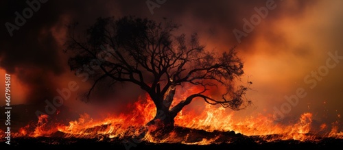 Multiple countries facing wildfires caused by climate change and other natural emergencies with trees consumed by flames and resulting in smoke filled forest fires