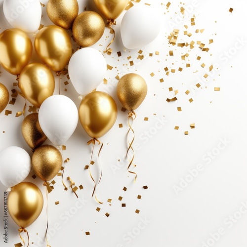 Festive background of a white and golden balloons and confetti birthday celebration creative layout. Top view, white background