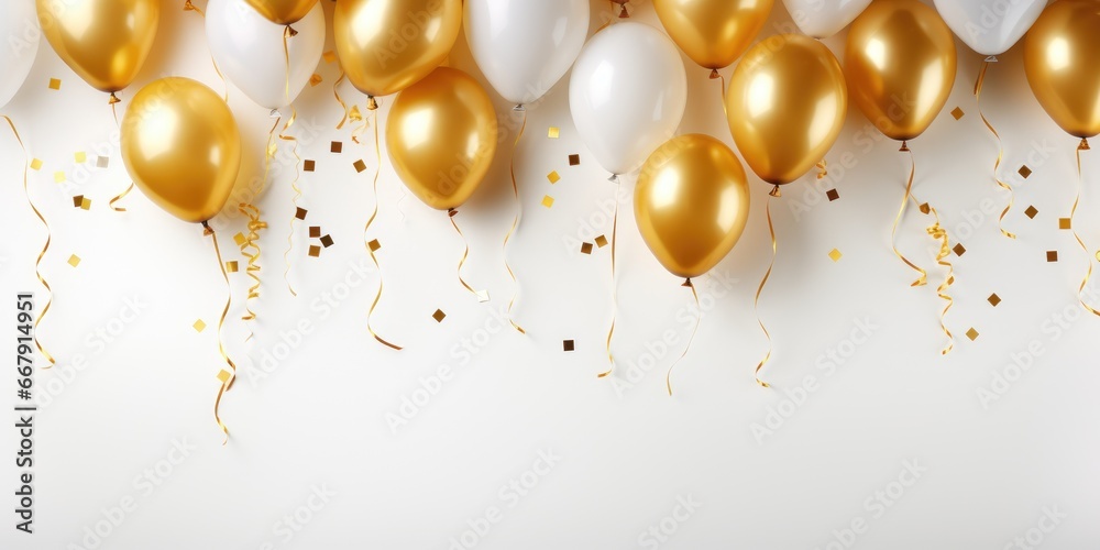 Festive background of a white and golden balloons and confetti birthday ...