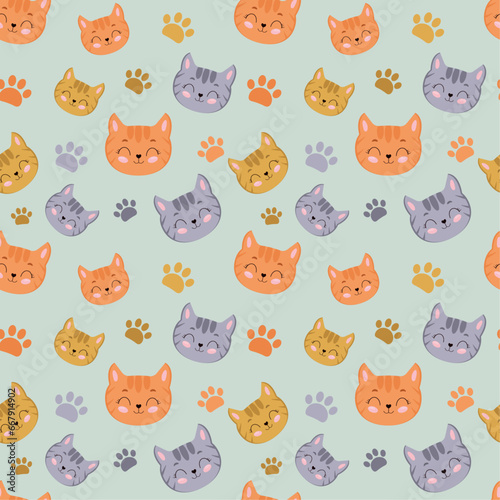 Seamless pattern for pet shop with colorful cats and paws. 
Bright print on clothes and accessories for cats with a vector of cats and paws