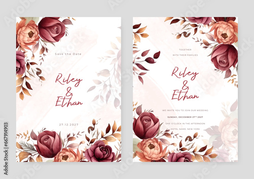 Red and orange rose and peony modern wedding invitation template with floral and flower