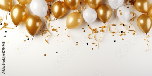 Wallpaper Mural Festive background of a white and golden balloons and confetti birthday celebration creative layout. Top view, white background Torontodigital.ca