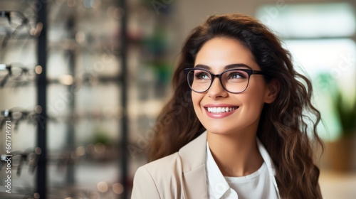 joyful woman with a radiant smile adjusting her round eyeglasses in office or a clinic photo