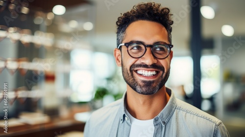 joyful man with a radiant smile adjusting her round eyeglasses in office or a clinic photo