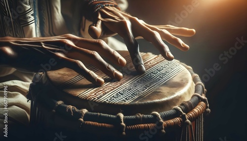 Closeup of traditional person playing on tribal drums, bongos, culture and religion concept, ritual music background photo