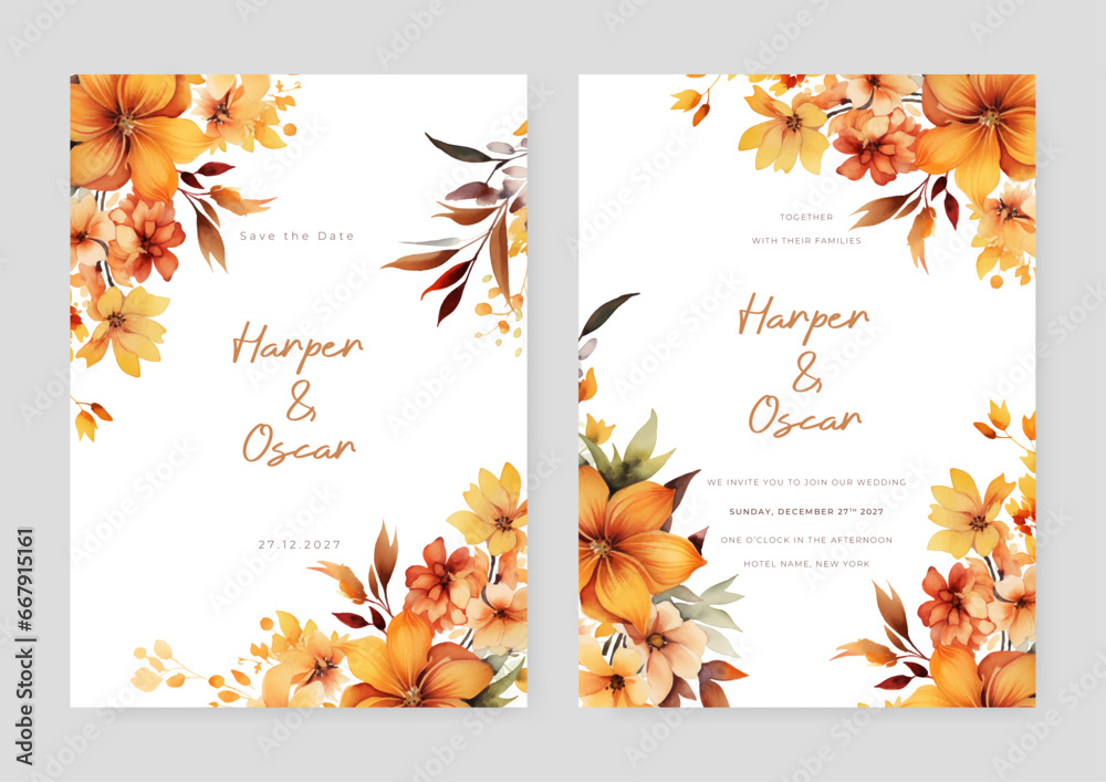 Fototapeta premium Orange frangipani luxury wedding invitation with golden line art flower and botanical leaves, shapes, watercolor