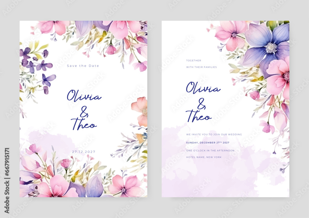 Pink and purple violet peony wedding invitation card template with flower and floral watercolor texture vector