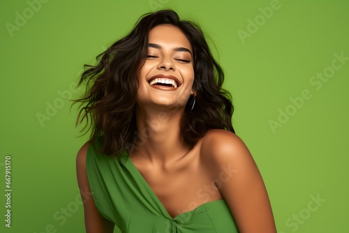 portrait of a happy woman on a green background © Rax Qiu