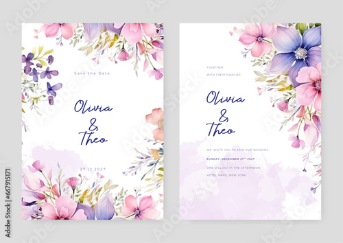 Pink and purple violet peony wedding invitation card template with flower and floral watercolor texture vector