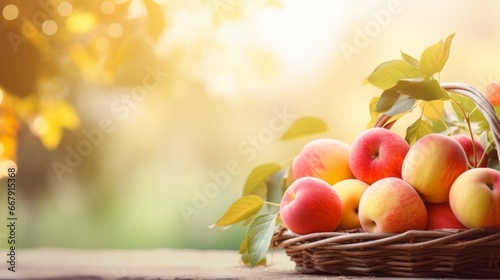 Fresh fruit in the sunny orchard during autumn With copyspace for text photo