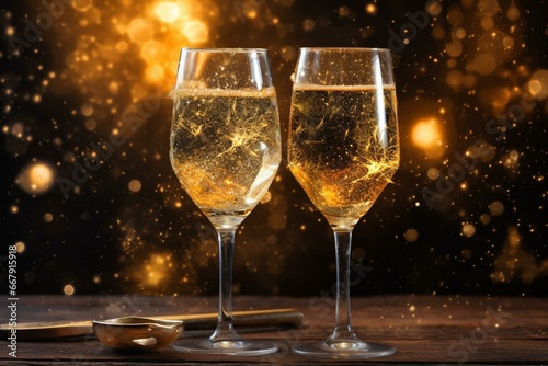 Two champagne glasses with sparkling stars. Generative AI