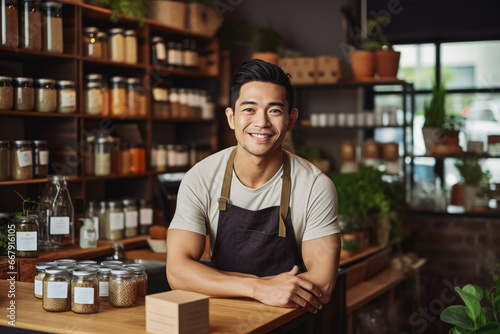 Young Asian male organic food store owner standing behind counter, handsome male selling organic foods at organic store