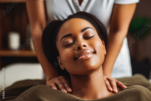 Beautiful young african american female enjoying a massage at the spa salon  relaxing with the help from massage therapist