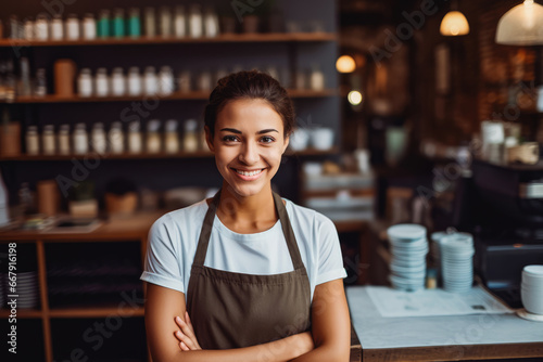 Beautiful young caucasian female coffee shop owner standing behind counter and smiling, successful business owner in her shop