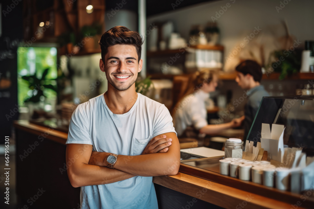 Handsome young caucasian male coffee shop owner standing behind counter and smiling, successful business owner in his coffee shop Handsome young caucasian male coffee shop owner standing behind counter and smiling, successful business owner in his coffee shop