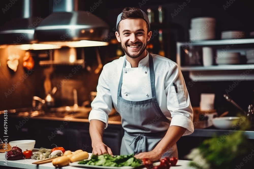 Handsome young caucasian male personal chef focusing on his job, wearing a cooking uniform, successful business man at work in the kitchen Handsome young caucasian male personal chef focusing on his job, wearing a cooking uniform, successful business man at work in the kitchen