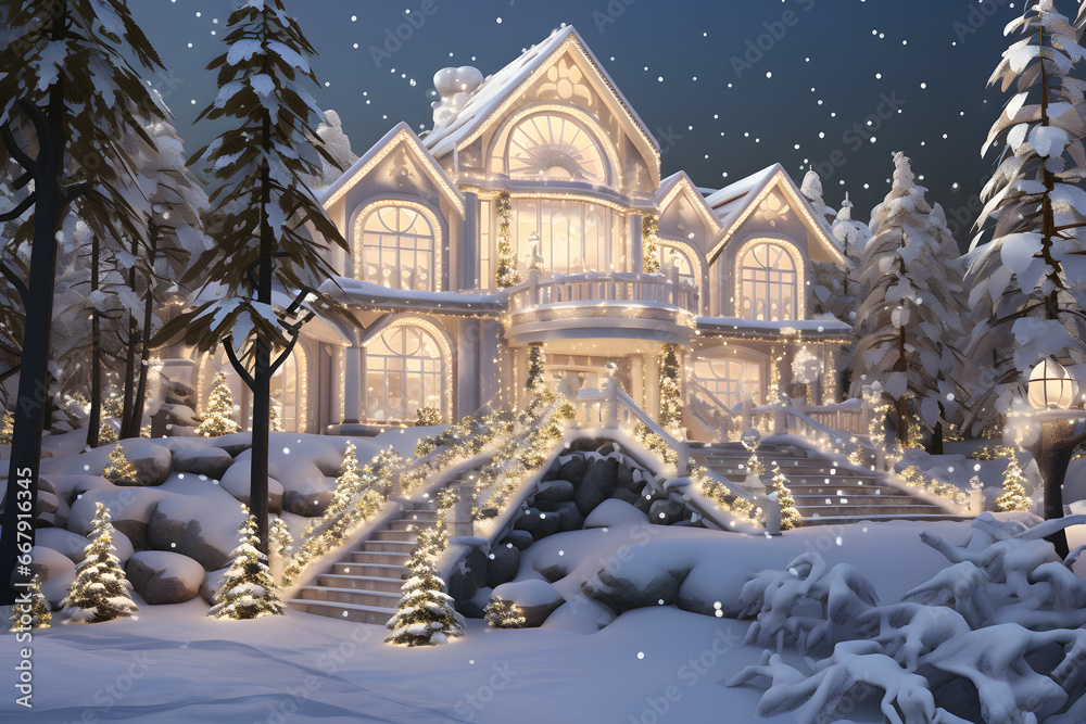 A luxurious house, adorned with dazzling Christmas fairy lights, stands amidst pine trees and other trees on a magical Christmas night.